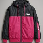 Bright pink and black custom hooded jacket with "Flink" logo, ideal for workwear uniforms, featuring durable material, adjustable hood, and stylish design for corporate branding.
