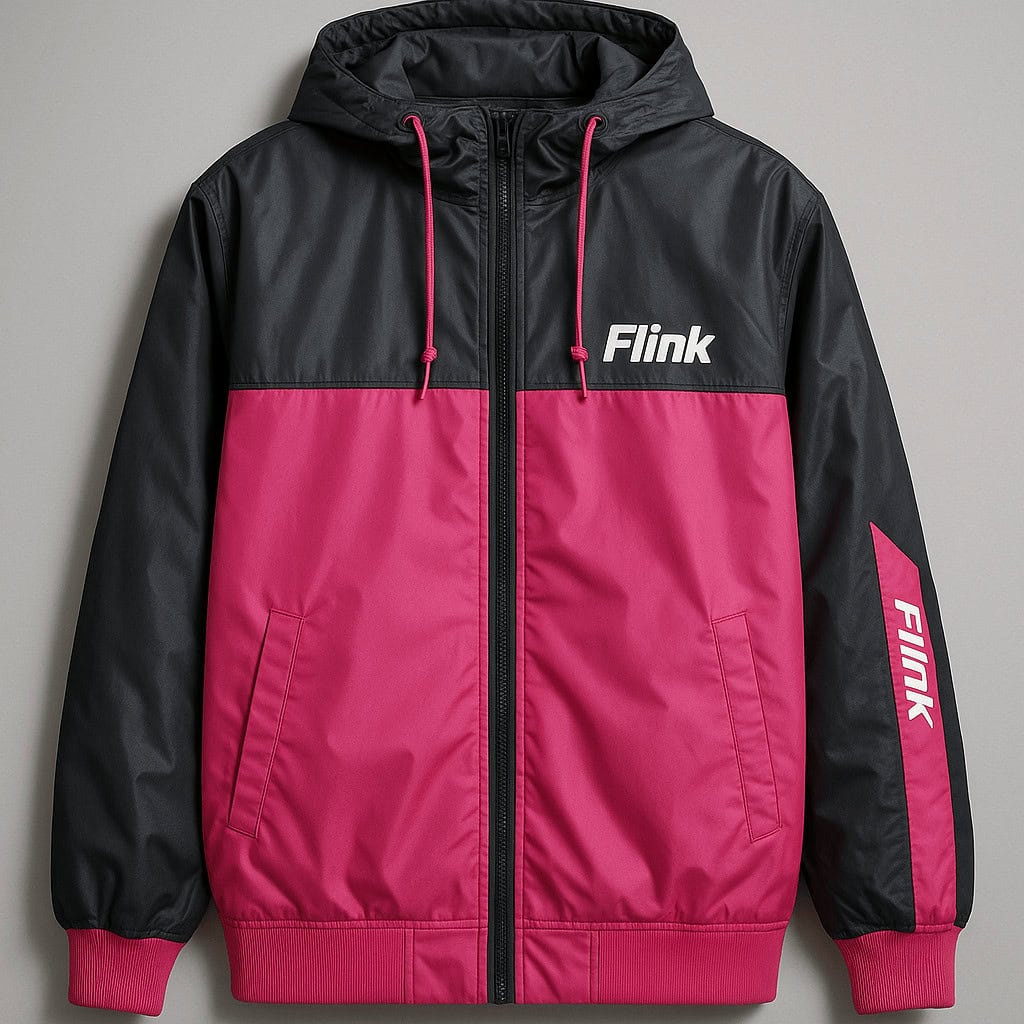 Bright pink and black custom hooded jacket with "Flink" logo, ideal for workwear uniforms, featuring durable material, adjustable hood, and stylish design for corporate branding.