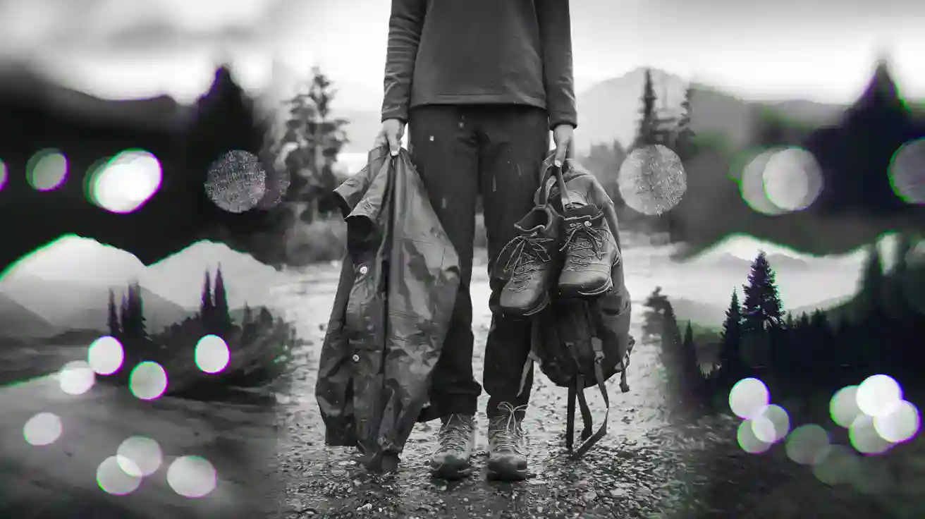 Durable outdoor workwear and hiking boots carried by a person on a mountain trail, emphasizing rugged uniforms for outdoor and industrial jobs.