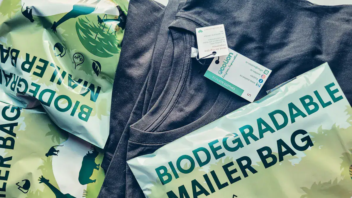 Recyclable biodegradable mailing bag and dark grey clothing with tags, eco-friendly packaging for custom apparel wholesale manufacturing.