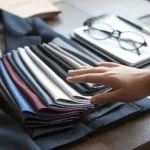 Luxurious fabric swatches and fabric sample book showcasing custom workwear and uniforms for professional industries.