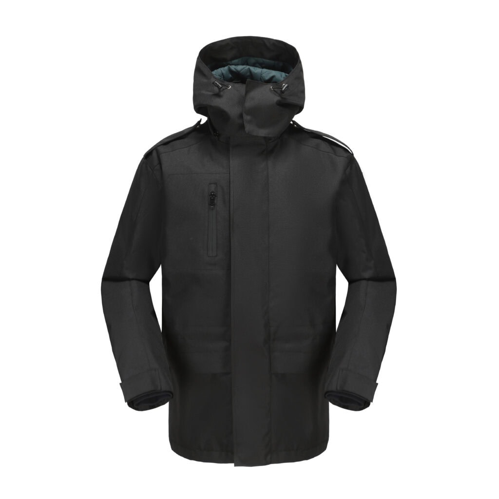 Black hooded winter jacket for outdoor security patrol staff