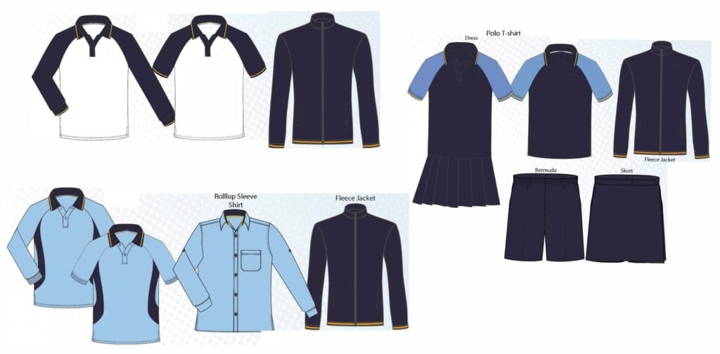 School uniform range sketches: polo shirts, rugby shirt, fleece jacket, dress and shorts in navy and light blue