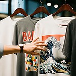 Colorful graphic T-shirts displayed on hangers, showcasing diverse designs including a traditional wave artwork, casual styles, and vibrant prints. Perfect for custom clothing and promotional uniforms.
