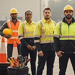 Hi_visibility safety vests and protective helmets worn by construction workers on site, representing custom clothing uniforms manufacturing in China for industrial safety and workwear solutions.
