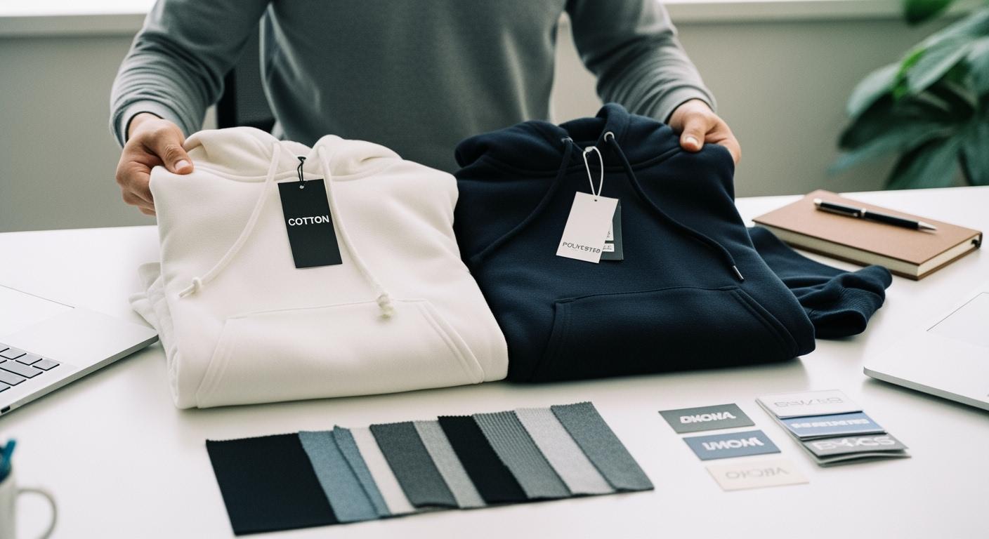 High-quality custom hoodies and sweatshirts with branded tags, fabric swatches, and color options displayed on a work table for clothing manufacturing.