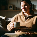 Cozy woman relaxing on sofa with coffee mug, enjoying morning sunlight in a home setting.
