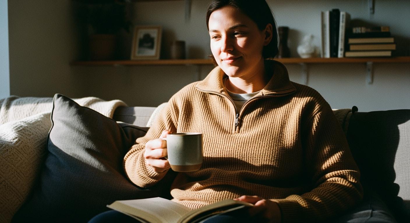 Cozy woman relaxing on sofa with coffee mug, enjoying morning sunlight in a home setting.