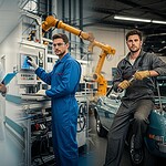 Tradespeople in construction, healthcare professionals, and automotive technicians wearing custom uniforms at work.
