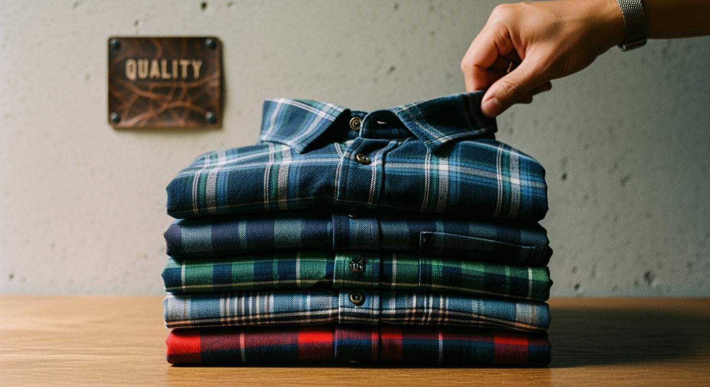 Stacked custom plaid and solid color shirts representing high-quality workwear clothing manufactured in China. Perfect for uniforms with tailored fit, durable fabric, and personalized design options.