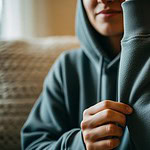 Dark grey hoodie with hood up, casual clothing, interior background, person sitting on couch, cozy indoor wear.