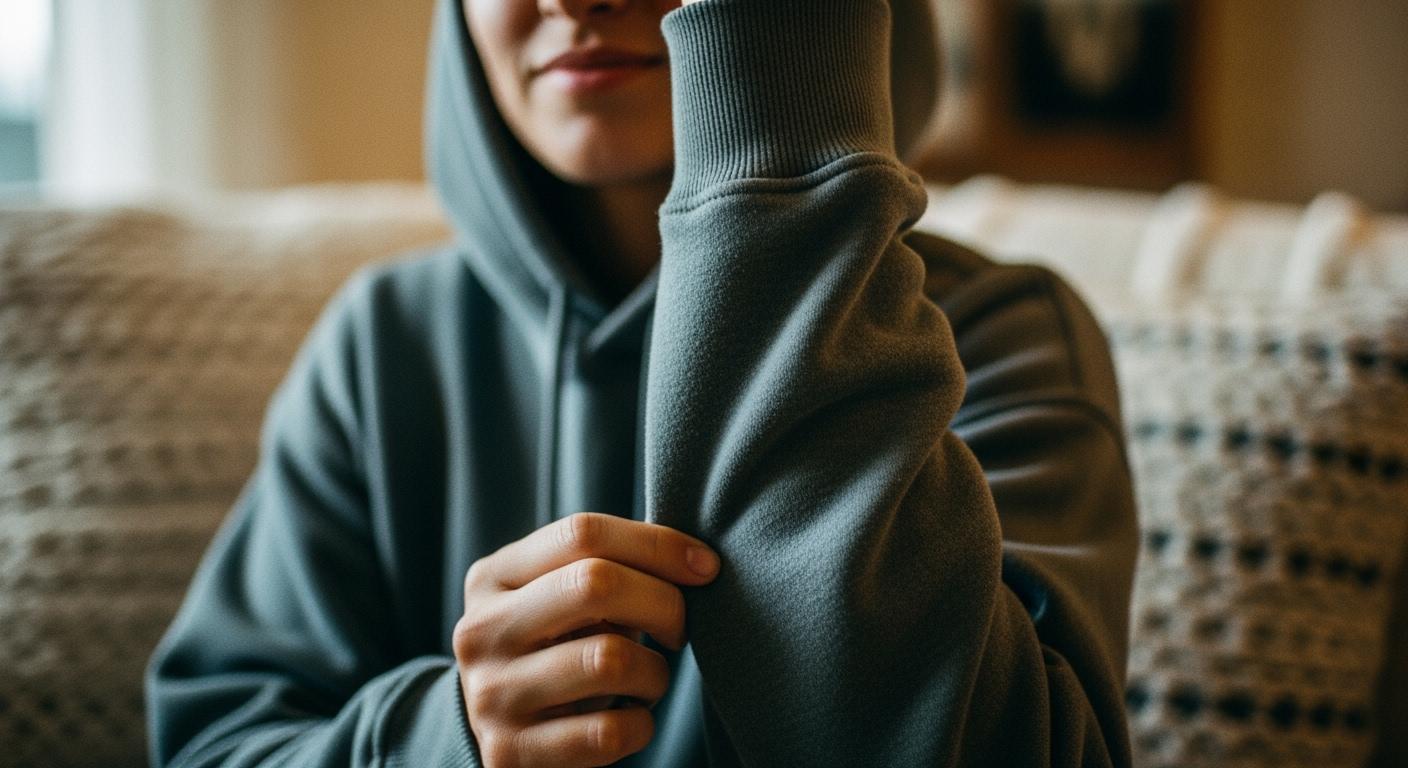 Dark grey hoodie with hood up, casual clothing, interior background, person sitting on couch, cozy indoor wear.