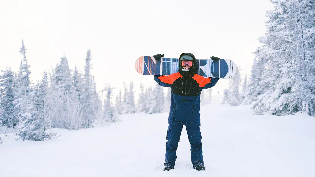 Warm winter snowboarding gear worn outdoors in snowy forest landscape, showcasing durable and comfortable custom clothing uniforms for winter sports.