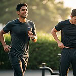 Men's black athletic T-shirts and shorts, outdoor workout scene during sunset.