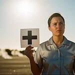 First aid nurse holding signs for medical assistance outdoors during daytime, emphasizing safety protocols.