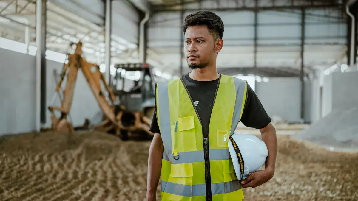 High-visibility safety vest and white helmet worn by construction worker at building site with machinery in background.