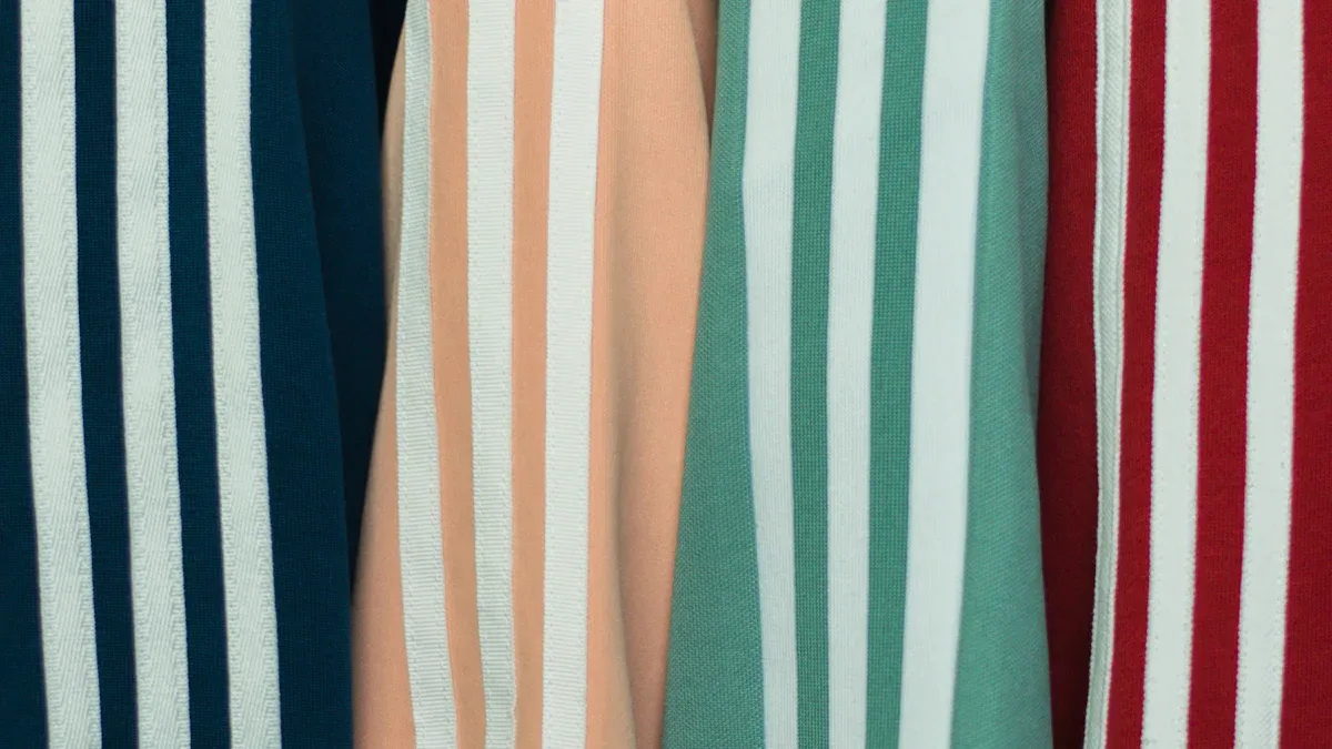 Vibrant striped fabric rolls for custom clothing and uniforms at a China-based manufacturer. High-quality textiles designed for durable, stylish workwear and apparel.