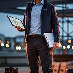 High-quality custom workwear uniform manufacturer in China, featuring a professional worker holding a tablet and documents outdoors, showcasing durable, personalized clothing solutions for various industries.