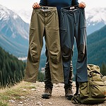 Khaki and navy outdoor cargo pants held by a person outdoors on a mountain trail, with a backpack nearby, showcasing durable workwear clothing for outdoor activities and hiking.