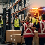 High-visibility safety vests and helmets worn by warehouse workers and staff in a busy industrial storage facility. Workers are engaged in organizing, loading, and managing inventory for safety and efficiency.