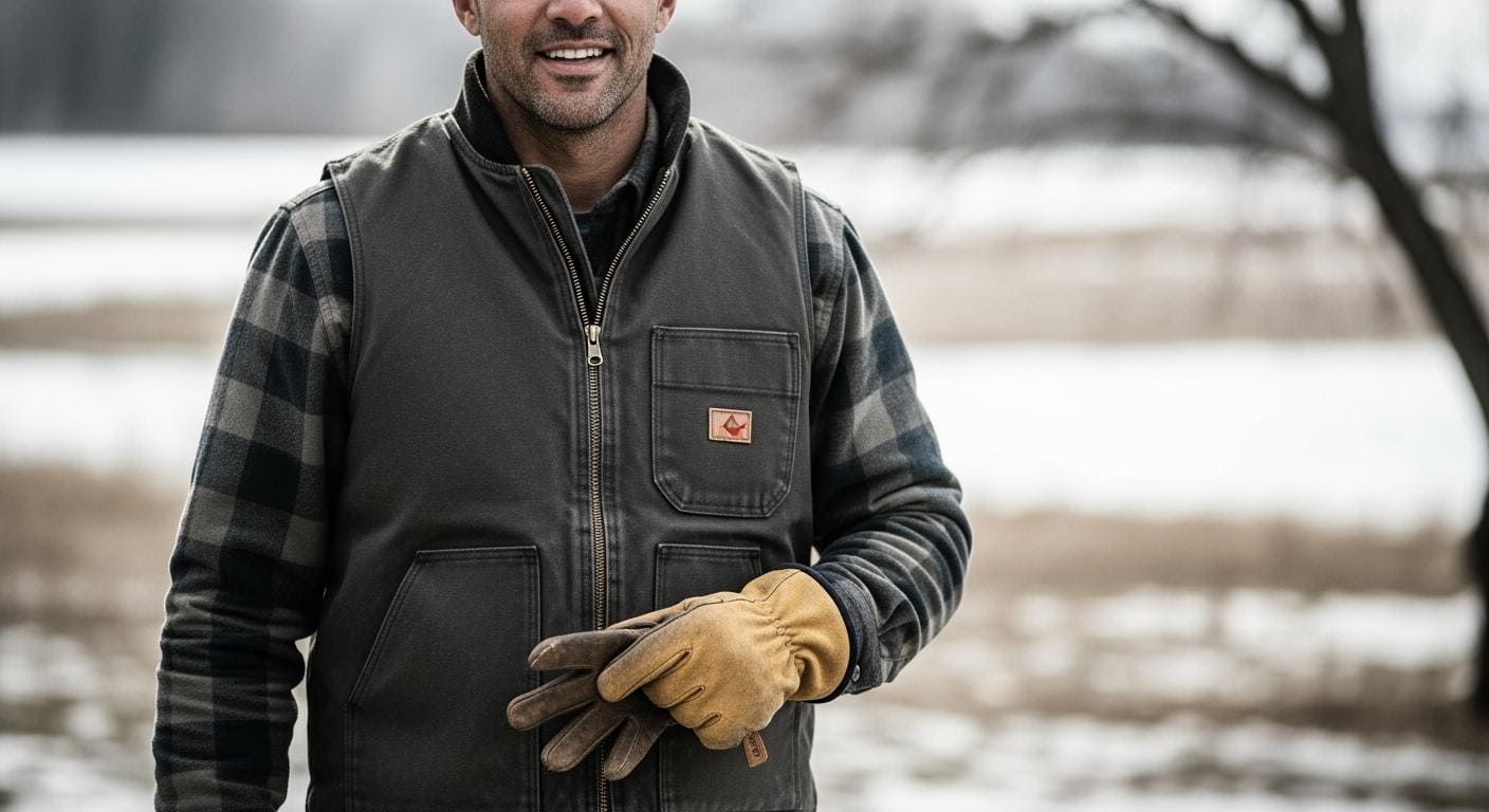 Water-resistant black work vest with multiple pockets, worn over a checkered shirt, suitable for outdoor labor; man holding gloves in a cold, snowy environment.
