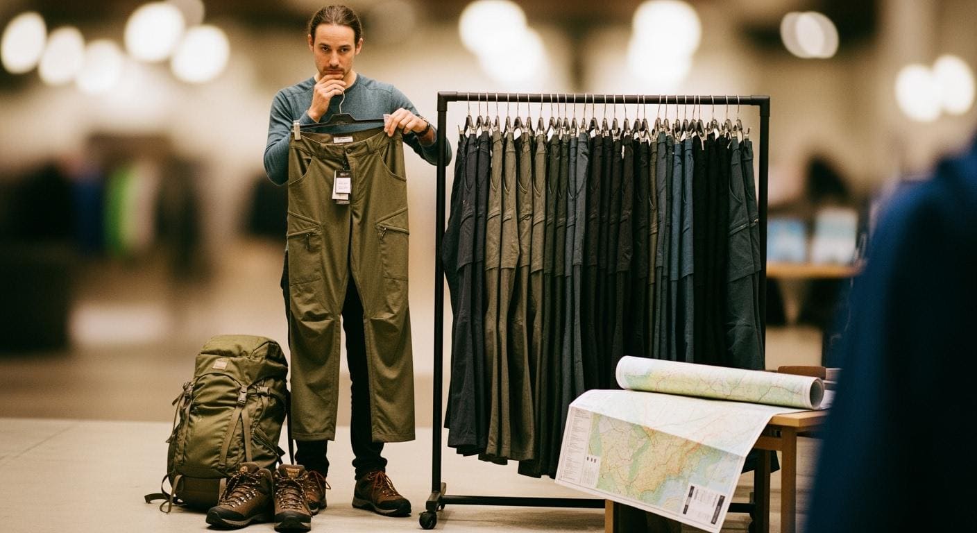 Olive green outdoor cargo pants displayed in a store, with hiking boots, a backpack, and a map on the table, emphasizing custom workwear for outdoor activities and adventure garments.