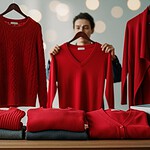 Bright red custom sweaters and garments displayed on hangers and folded on a wooden table, showcasing personalized workwear options from China’s leading uniform manufacturer.