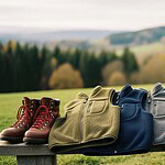 Colorful fleece vests and sturdy hiking boots displayed outdoors on a wooden table, showcasing custom-designed workwear apparel in natural scenic environment.