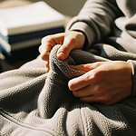 Soft grey fleece sweatshirt being held and examined, showing details of the textured fabric; background features neatly stacked clothing items.