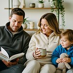Comfy family relaxing on sofa in cozy casual wear, enjoying a moment at home with warm clothing.