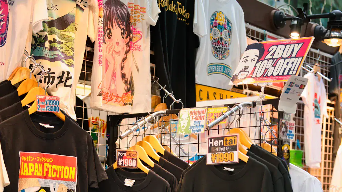 Anime and graphic T-shirts on display at a clothing stall, including Japanese manga and pop culture designs, with sale signs for discounts and prices in yen.