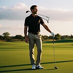 Polished male golfer standing on the green, holding a golf club with a golf bag and flag in the background during a sunny day.