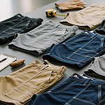 Colorful khaki, gray, black, and blue custom work shorts and pants laid out on a table with measuring tape, gloves, and notebooks for clothing design and manufacture.