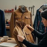 High-quality custom workwear jackets and uniforms in a professional workshop setting, showcasing design and fabrication process for corporate apparel manufacturing.