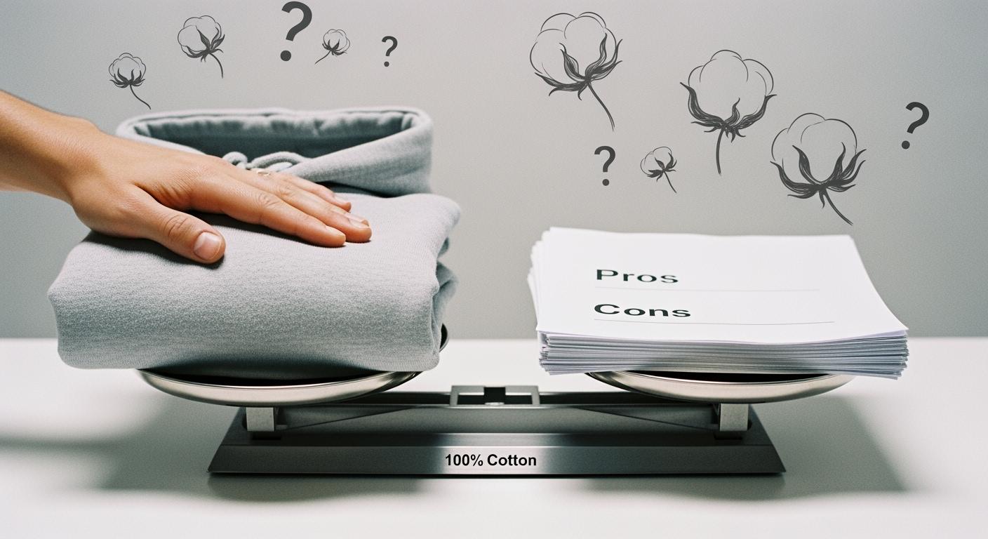 Cotton clothing scale, weighing pros and cons of fabric material, comparison of fabric qualities for custom uniforms, grey cotton garments on a balance with pros and cons list, highlighting fabric material choices for workwear manufacturing.