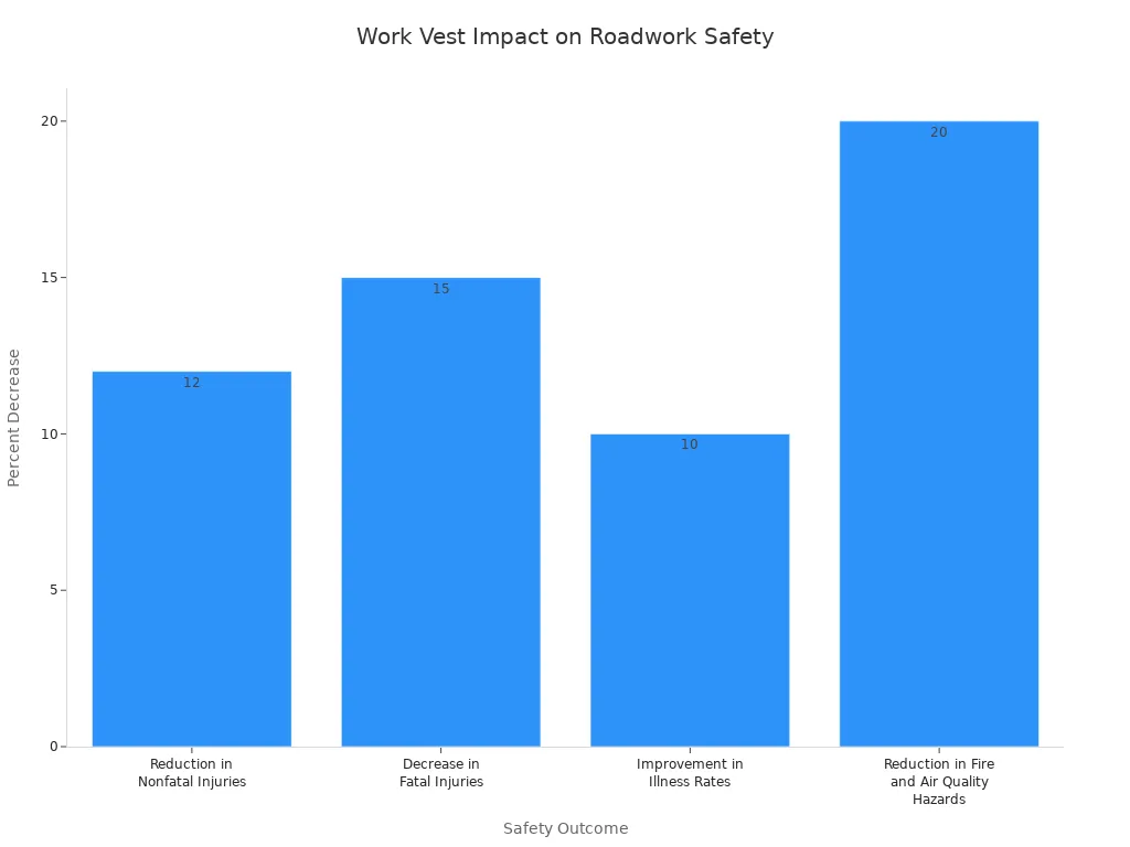 Bar chart showing percentage decreases in injuries, fatalities, illnesses, and hazards due to work vests