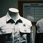 High-quality custom embroidered denim shirts displayed on mannequin torsos for uniform branding and professional appearance. Perfect for corporate, security, or service industries.