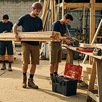 High-quality construction workers in navy blue uniforms working at a lumberyard, showcasing durable custom workwear for industrial and construction environments.