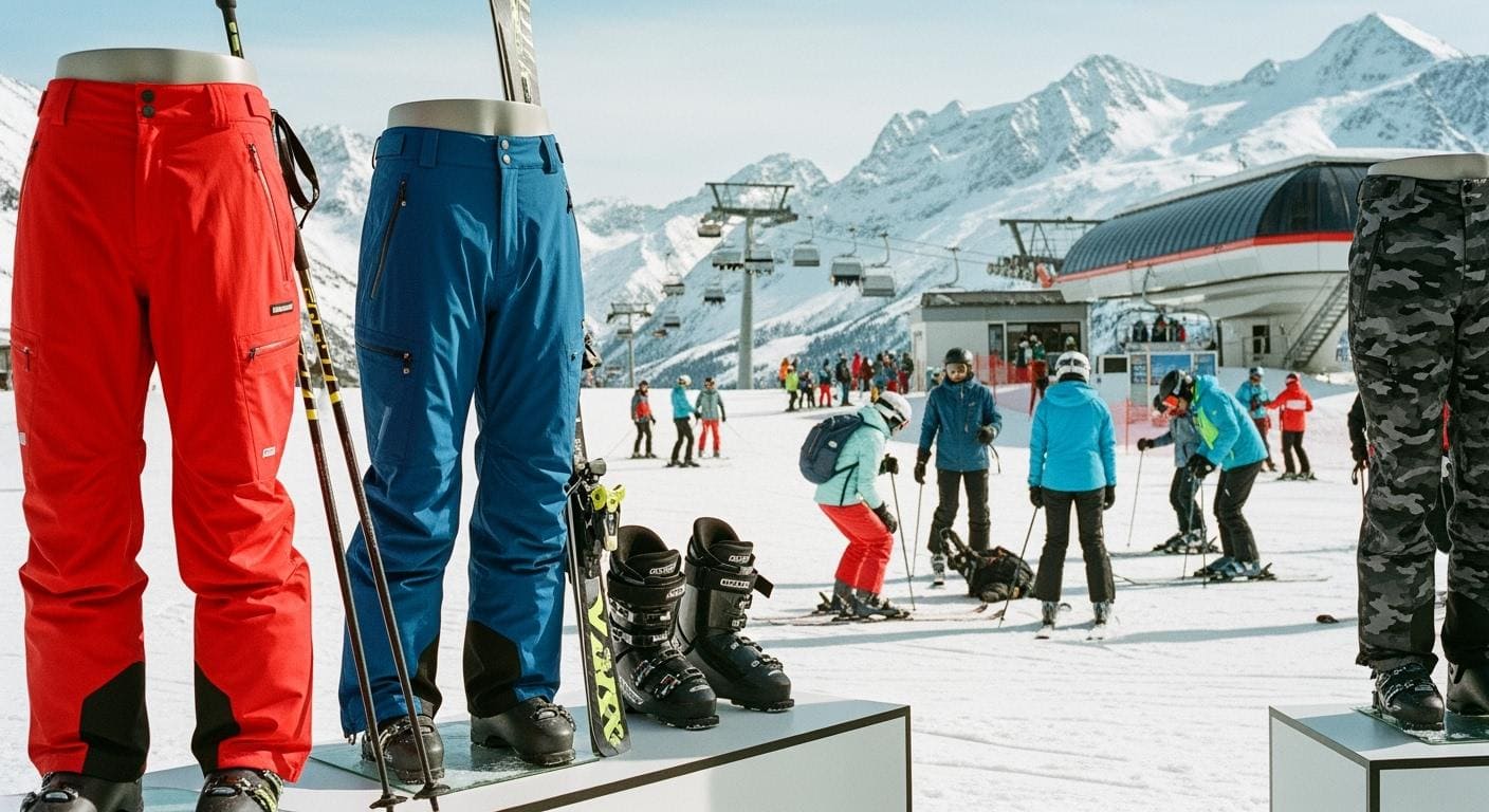 Colorful ski pants and gear displayed on mannequins at a snowy mountain ski resort. Snowboard boots and skis are also visible, with skiers and snowboarders enjoying the slopes in the background.