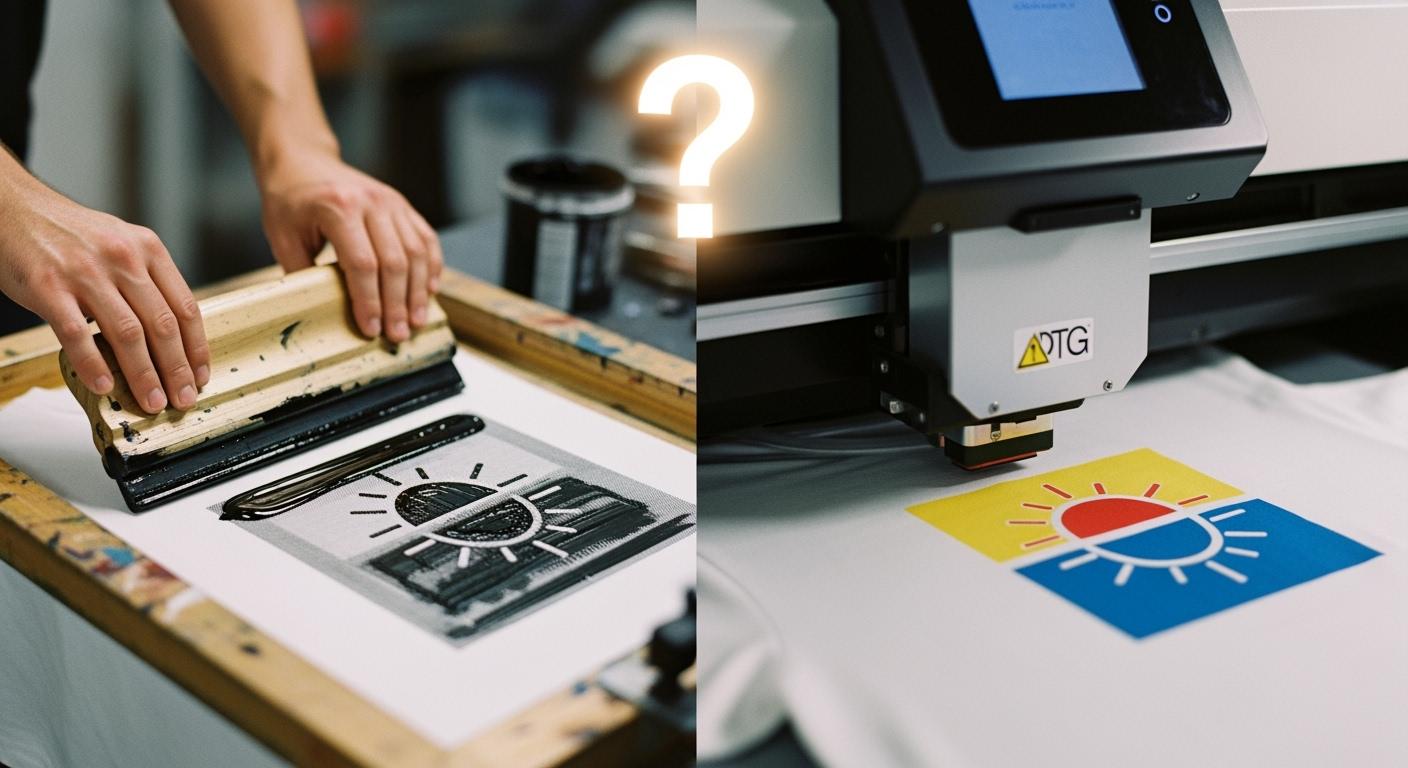 Hand screen printing a sun and sky graphic on fabric in a workshop environment.