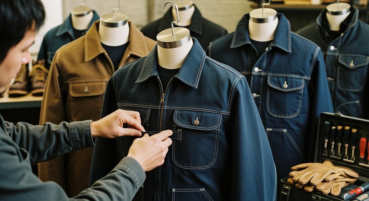 Innovative custom denim work jackets at a clothing manufacturer in China, showcasing high-quality, durable uniforms designed for industrial and work environments.