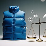 Bright blue synthetic puffer vest on left and green down puffer vest on right with scale icon in between, emphasizing eco-friendly and sustainable clothing choices.