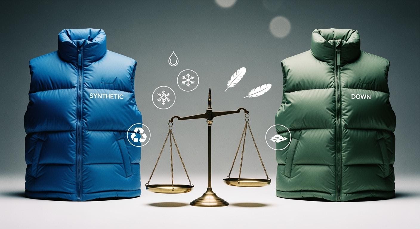 Bright blue synthetic puffer vest on left and green down puffer vest on right with scale icon in between, emphasizing eco-friendly and sustainable clothing choices.