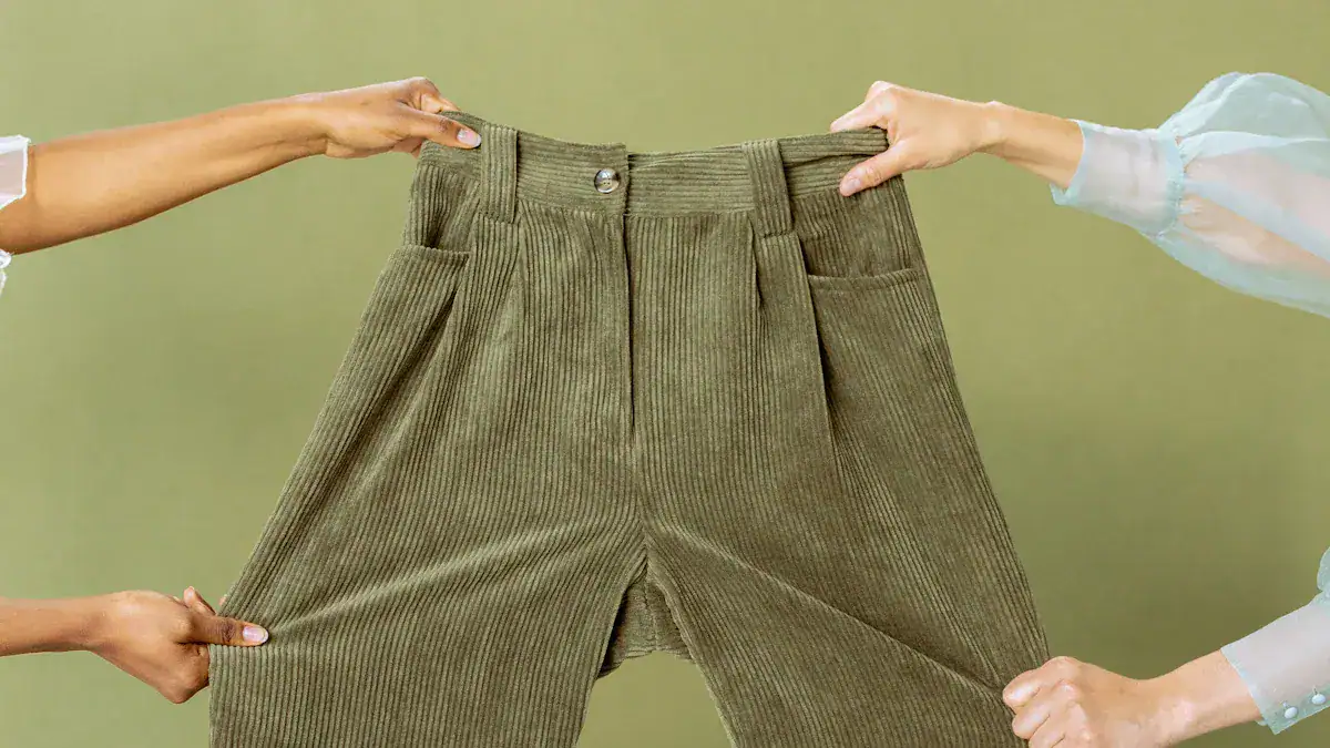 Soft green corduroy work pants with front pleats and multiple pockets, held up by four hands showcasing custom clothing uniforms for manufacturing and corporate uniforms.