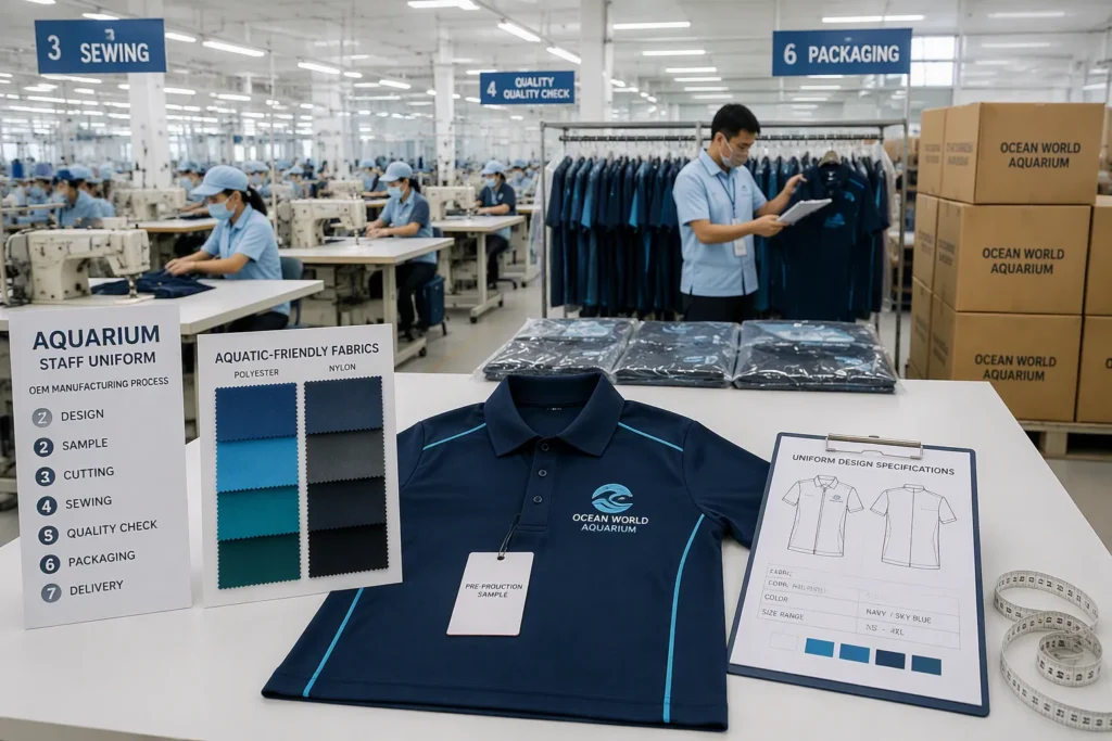 Adult aquarium staff in branded workwear during OEM sewing, quality inspection, and packaging