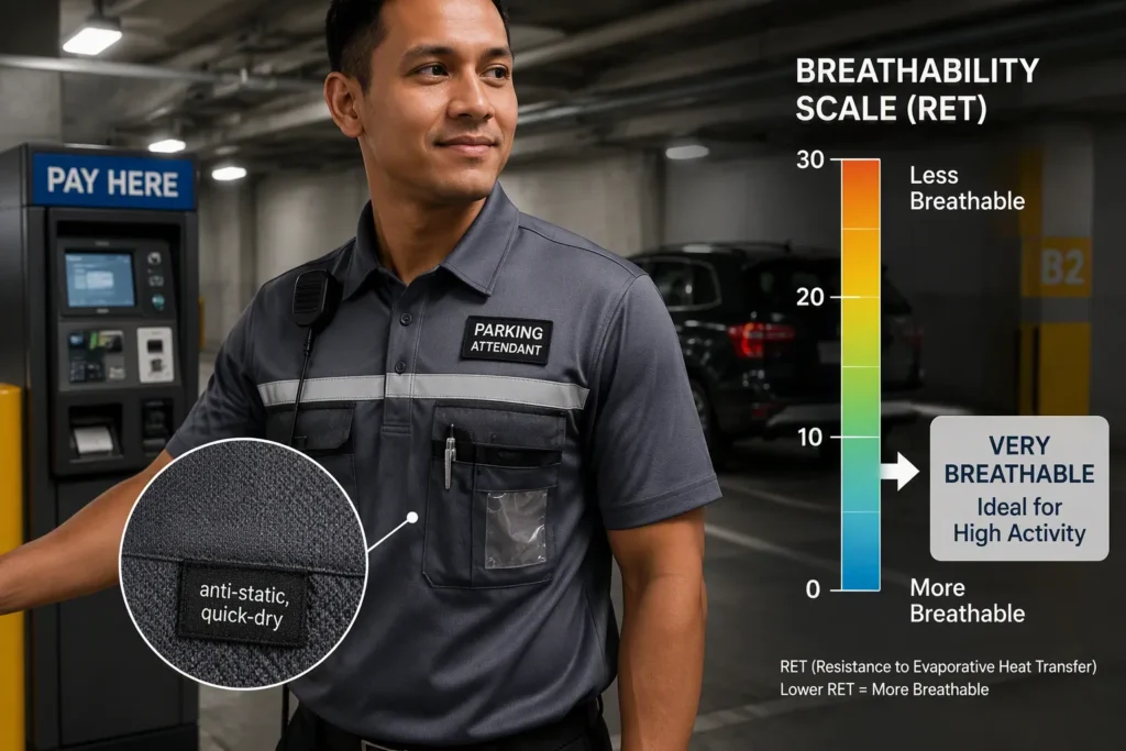 Adult parking facility attendant wearing breathable quick-dry workwear beside a payment station
