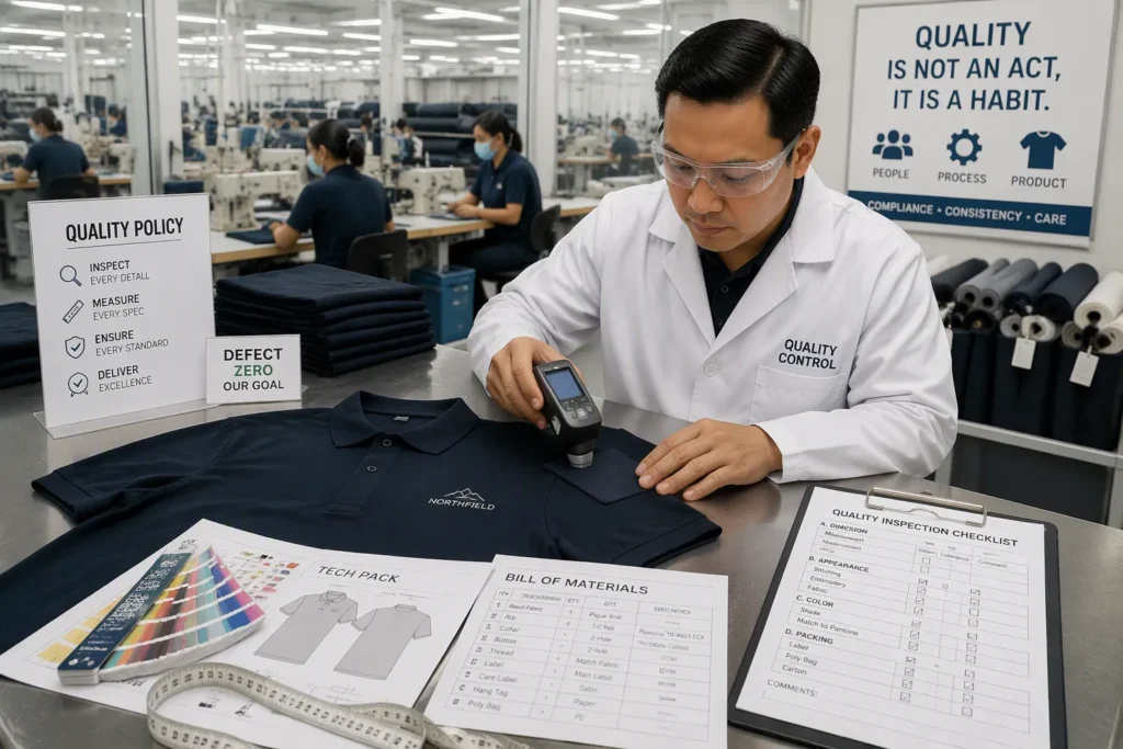 Adult winery cellar staff reviewing branded uniform samples