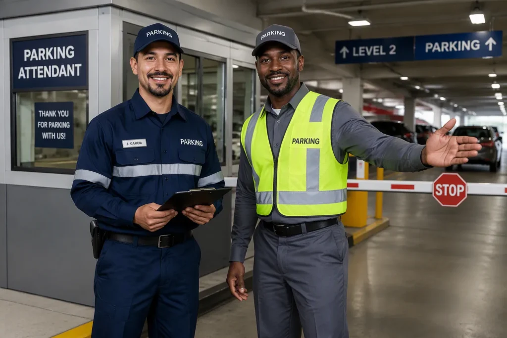 Adult parking garage attendants in branded facility uniforms