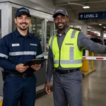 Adult parking garage attendants in branded facility uniforms
