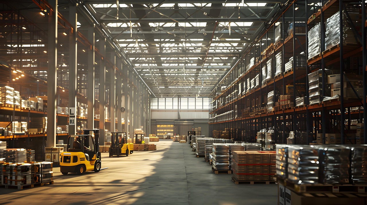 Warehouse workers in a distribution center with safety vests